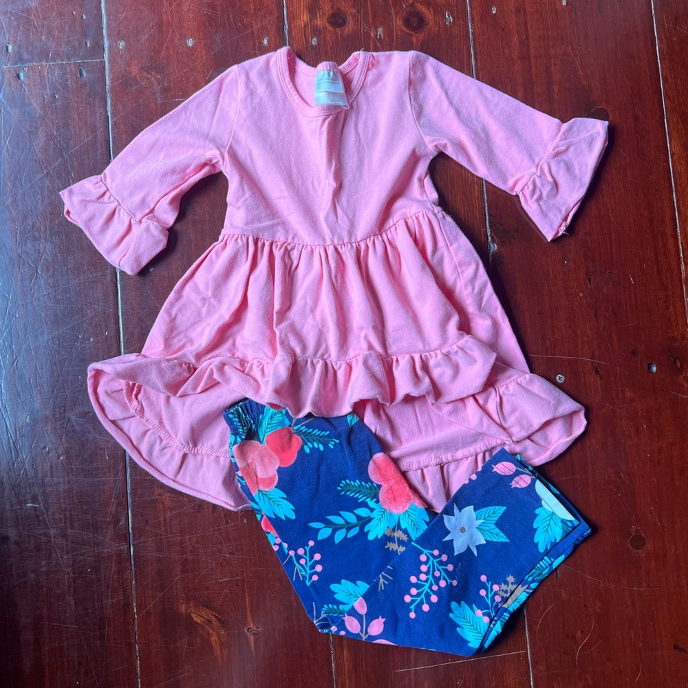 Pink ruffle top and floral pant set boutique size 4/5